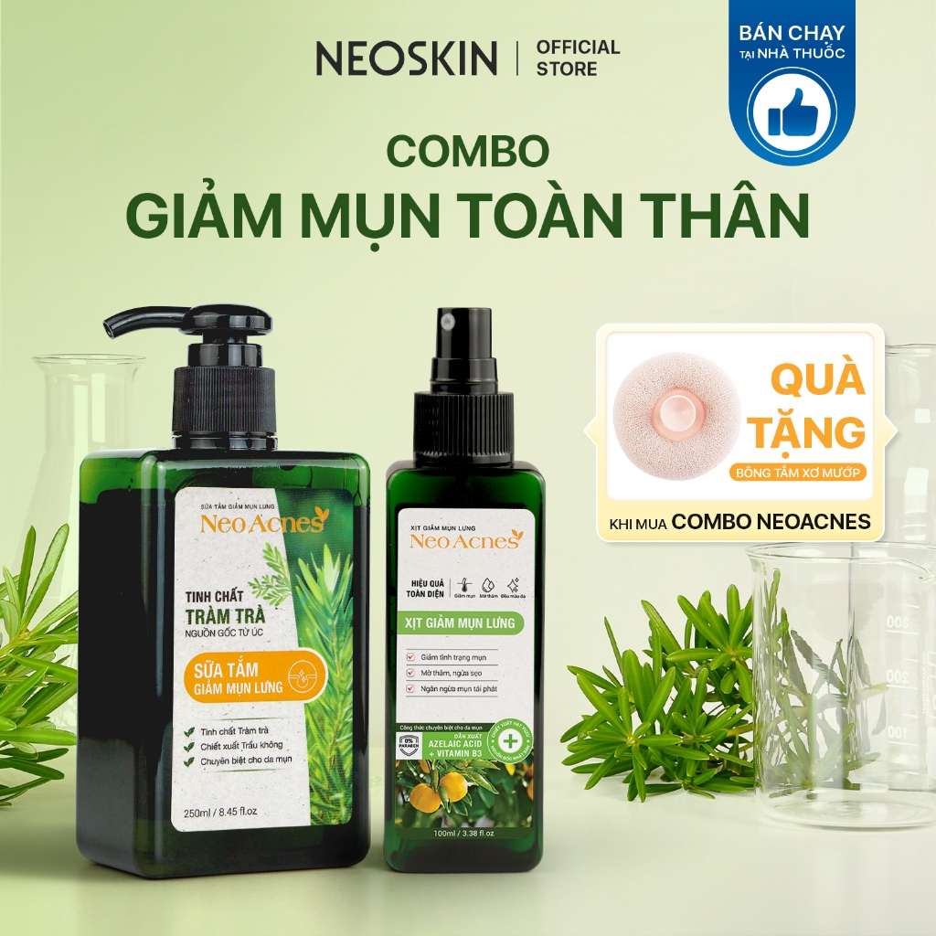  Combo giảm mụn lưng giảm viêm nang lông mờ thâm NEOACNES chiết xuất tràm trà NEOSKIN 