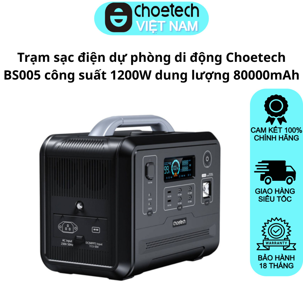 Trạm sạc điện dự phòng di động Choetech BS005 công suất 1200W dung lượng 80000mAh