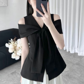 Áo peplum nữ chất tuyết mưa cổ V hở vai phối nơ rút trước ngực, chiết eo kết hợp vạc xẻ Anan Bigsize