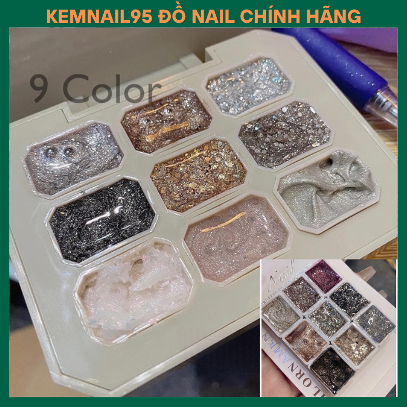 Set gel nhũ 9 màu design đài và nhũ tone trầm trang trí móng lấp lánh kemnail95
