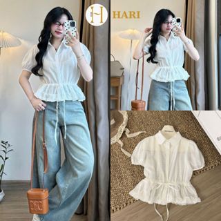 Áo ren boi mỏng sơ mi nữ Hari nhún dây bèo rút eo kiểu babydoll tay ngắn phối dây buộc nơ eo dáng xoè 2233 P0K22