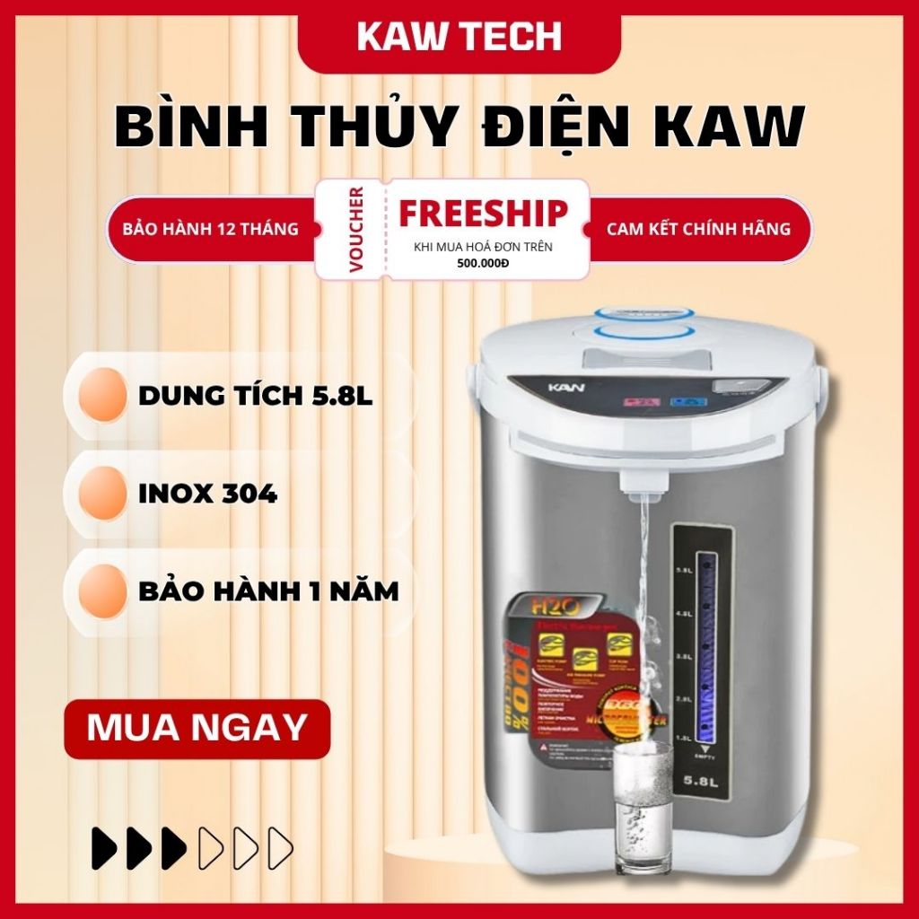 Bình Thủy Điện Đun Nước Nóng KAW Công Suất 750W, Dung Tích 5.8L, An Toàn Sử Dụng