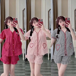 Đồ bộ Pyjama, Set bộ đùi nữ CỘC TAY Kẻ CARO NHÍ PHối Viền REN ĐỎ Túi TRÁI TIM Bánh Bèo Cho Nàng - BigSize HẰNG MOON