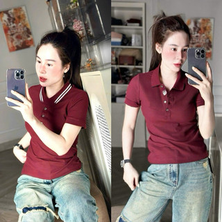  Áo Polo Nữ Đỏ Đô Cổ Bẻ Cài Nút Thêu Ngực- Chất Cotton Mềm Mịn Form Chuẩn Basic Size S M L 