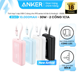 Sạc dự phòng ANKER Zolo 10k mAh | Sạc nhanh 30W - 2 cổng 1C1A - Tích hợp cáp USB-C cho iPhone 15/16 - A1680/1/8