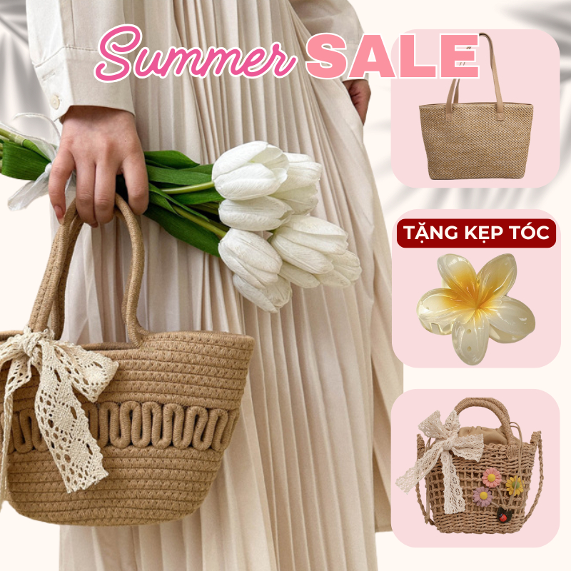 Túi cói dệt thủ công phối dây da, Túi tone nâu be du lịch đi biển mùa hè , phong cách boho vintage Hàn quốc - Mely