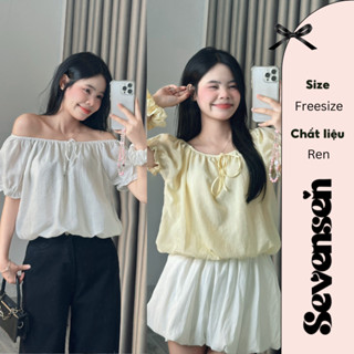 [ KÈM SCRUNCHIE ] Áo Babydoll Dáng Bí Trễ Vai Tay Bồng Phối Nơ Ngực Siêu Dễ Thương Sevensen - Ao957