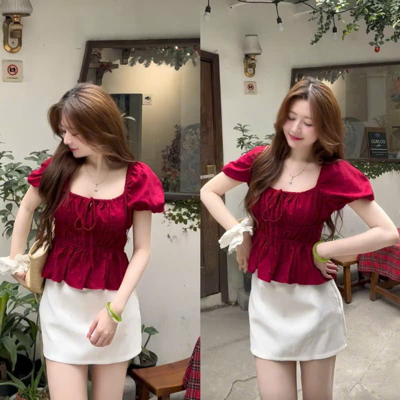 Áo kiểu nữ dáng babydoll tiểu thư cổ vuông thiết kế nơ ngực xinh xắn A205-PANOSI | BigBuy360 - bigbuy360.vn