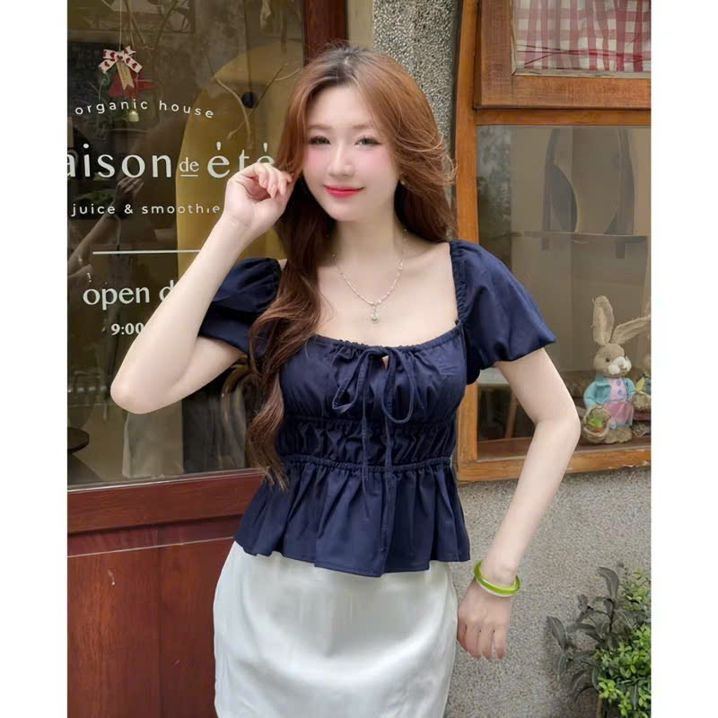 Áo kiểu nữ dáng babydoll tiểu thư cổ vuông thiết kế nơ ngực xinh xắn A205-PANOSI | BigBuy360 - bigbuy360.vn