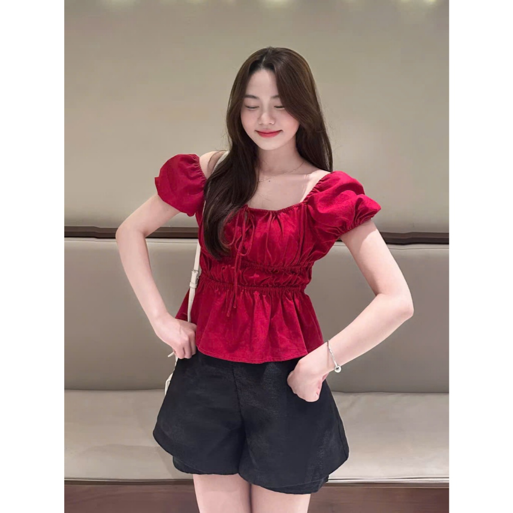 Áo kiểu nữ dáng babydoll tiểu thư cổ vuông thiết kế nơ ngực xinh xắn A205-PANOSI | BigBuy360 - bigbuy360.vn