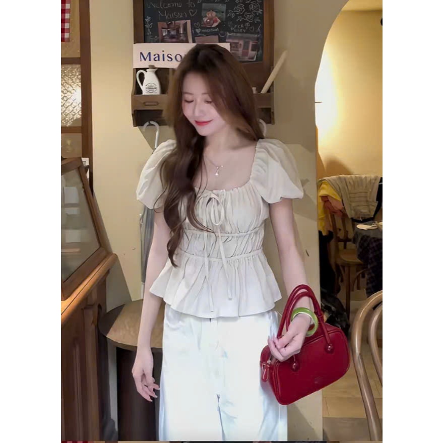 Áo kiểu nữ dáng babydoll tiểu thư cổ vuông thiết kế nơ ngực xinh xắn A205-PANOSI | BigBuy360 - bigbuy360.vn