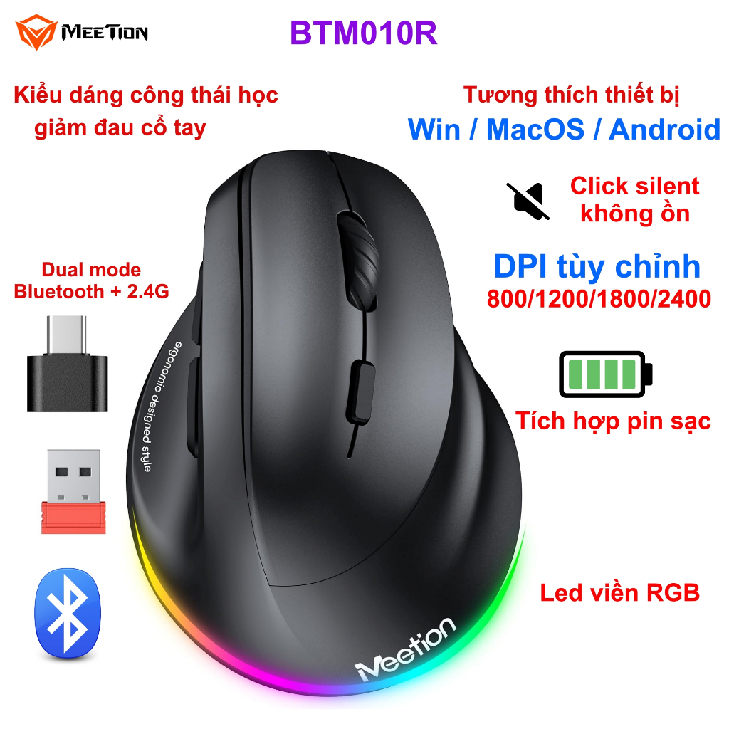 Chuột không dây Meetion BTM010R Dual Mode 2.4G + Bluetooth công thái học nút bấm yên tĩnh, tích hợp pin sạc | BigBuy360 - bigbuy360.vn