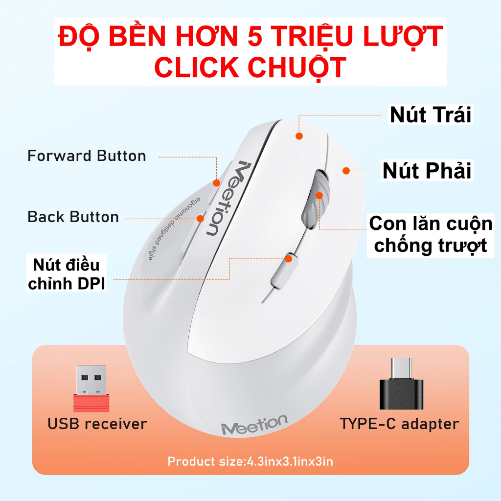 Chuột không dây Meetion BTM010R Dual Mode 2.4G + Bluetooth công thái học nút bấm yên tĩnh, tích hợp pin sạc | BigBuy360 - bigbuy360.vn
