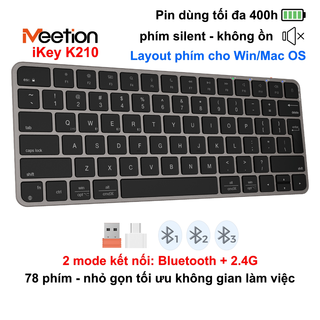 Bàn phím không dây Meetion iKey K210 không ồn 2 mode kết nối Bluetooth 2.4G pin sạc cổng type C | BigBuy360 - bigbuy360.vn