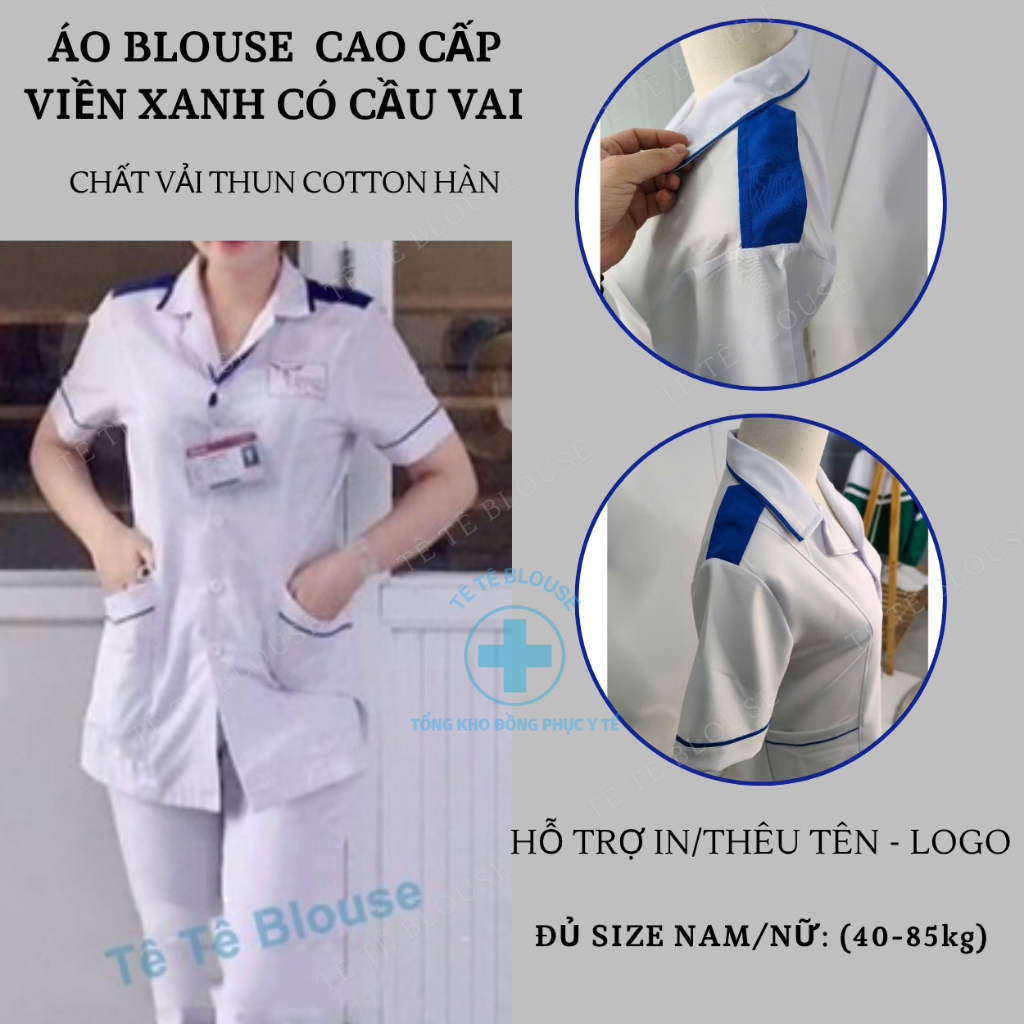 [Yêu thích+] Bộ quần áo Blouse điều dưỡng nam nữ có viền xanh cho thực tập sinh - áo điều dưỡng, y tá có cầu vai xanh