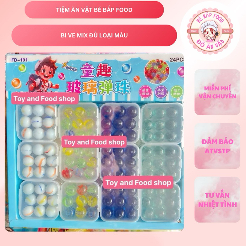 Khay 24 hộp Bi ve mix đủ loại màu-hộp 9 viên(tổng 216 viên)