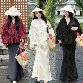  BIGSIZE HIẾU HIẾU  55-100KG  - Set thời trang nữ Áo cổ v voan bèo tầng + Chân váy lụa dáng dài S559 