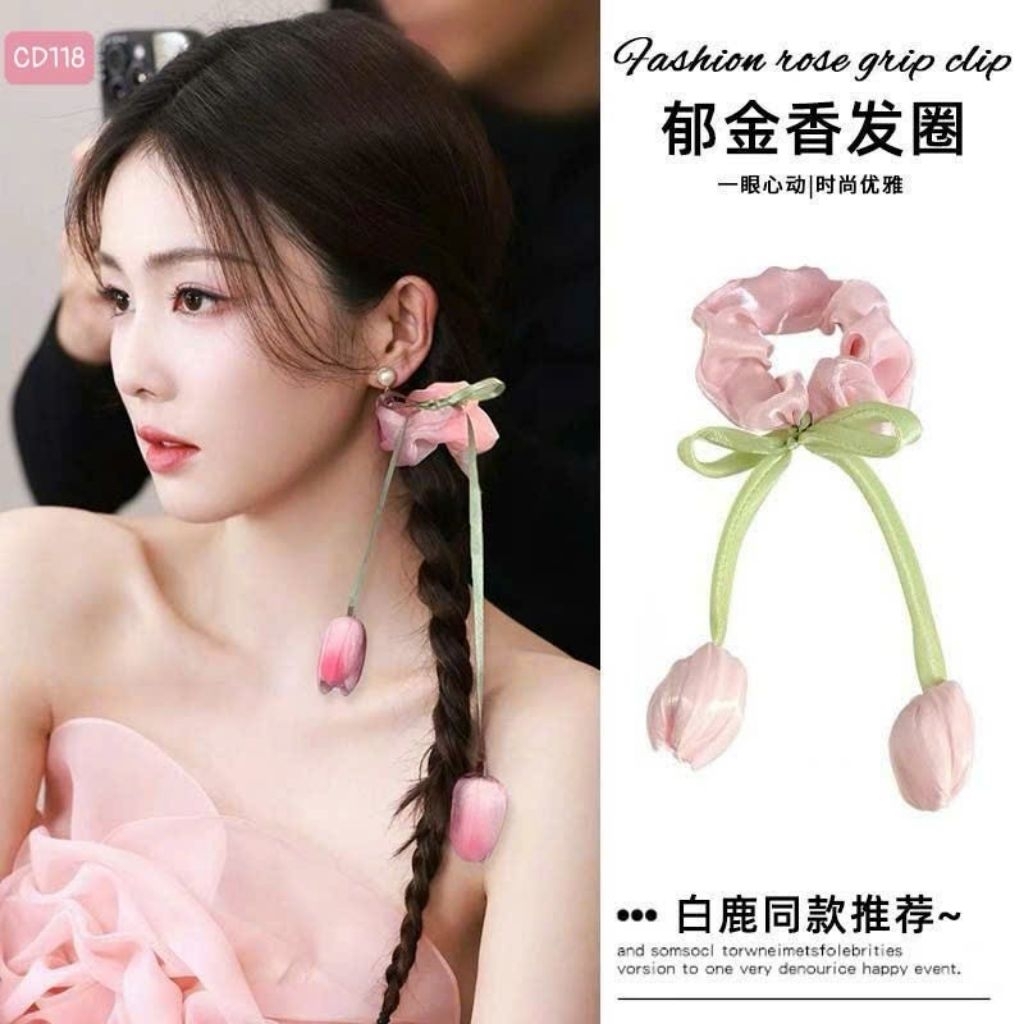 Dây buộc tóc scrunchies hoa Tulip, Dây cột tóc Tulip dài, Phụ kiện tóc