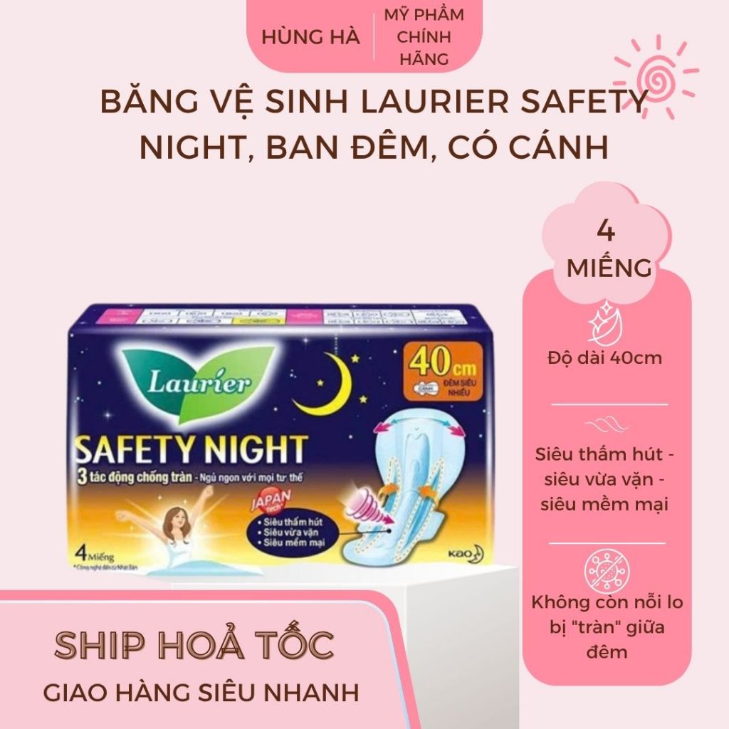 Băng vệ sinh Laurier Safety Night, ban đêm, 40cm, có cánh, gói 4 miếng