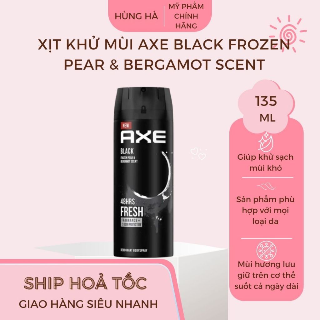 Xịt khử mùi Axe Black Frozen Pear & Bergamot Scent, khử mùi, ngăn mùi toàn thân 135ml