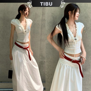 Set Áo Tay Cộc Cổ V Nhún Bèo Phối Chân Váy Dài TIBU Set Đồ Nữ Đơn Giản Tôn Dáng Sang Chảnh Đi Chơi Biển Mùa Hè B479