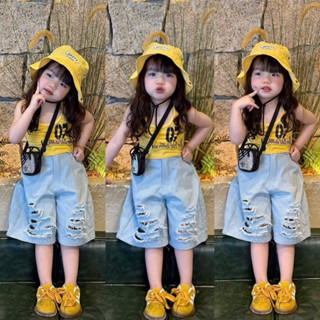 Sale Set áo croptop phối quần jean lửng cho bé gái mặc Hè năng động
