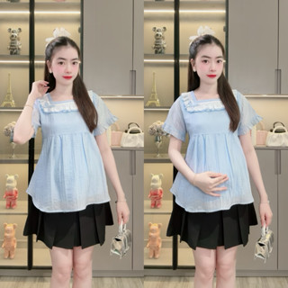 Áo Bầu Babydoll Cổ Vuông Phối Ren Tay Bèo Dáng Xòe  Mặc Được Từ Đầu Đến Cuối Thai Kỳ