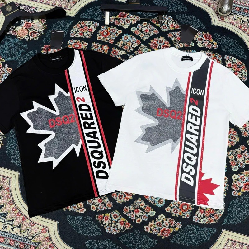 Áo phông nam boy phố Dsquared2 dải sọc chữ logo lá phong nhũ kim tuyến, Áo Thun Nam Cổ Tròn Ngắn Tay Unisex 1