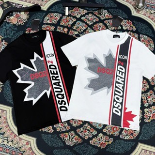 Áo phông nam boy phố Dsquared2 dải sọc chữ logo lá phong nhũ kim tuyến, Áo Thun Nam Cổ Tròn Ngắn Tay Unisex 1