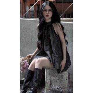 [SMOR.VN] áo yếm cổ trụ hoạ tiết caro LUX