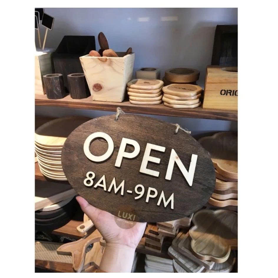 Bảng gỗ treo cửa 2 mặt, Biển Gỗ Treo Cửa OPEN – Biển Mở Cửa Quán Cafe,...nhận khắc nội dung, thiết k