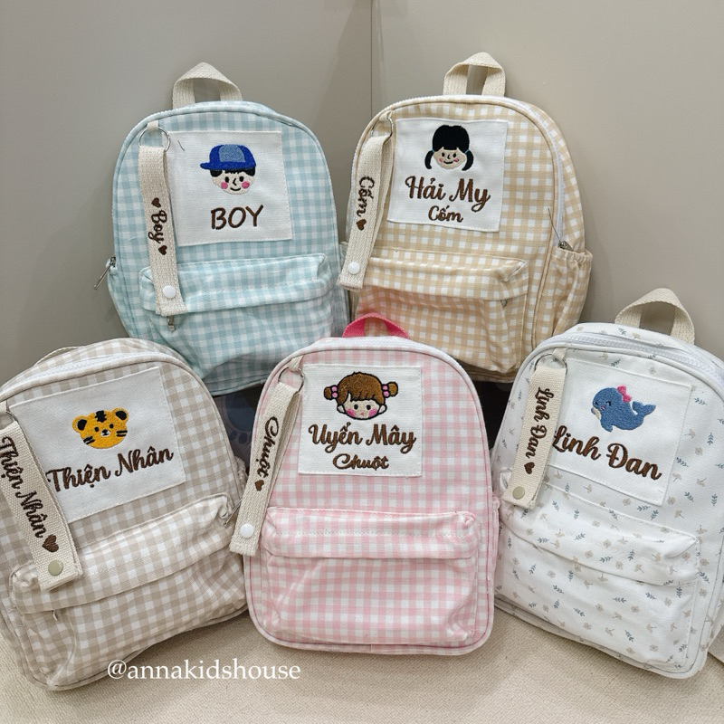 Balo kẻ caro thêu tên bé theo yêu cầu - Tặng kèm tag tên