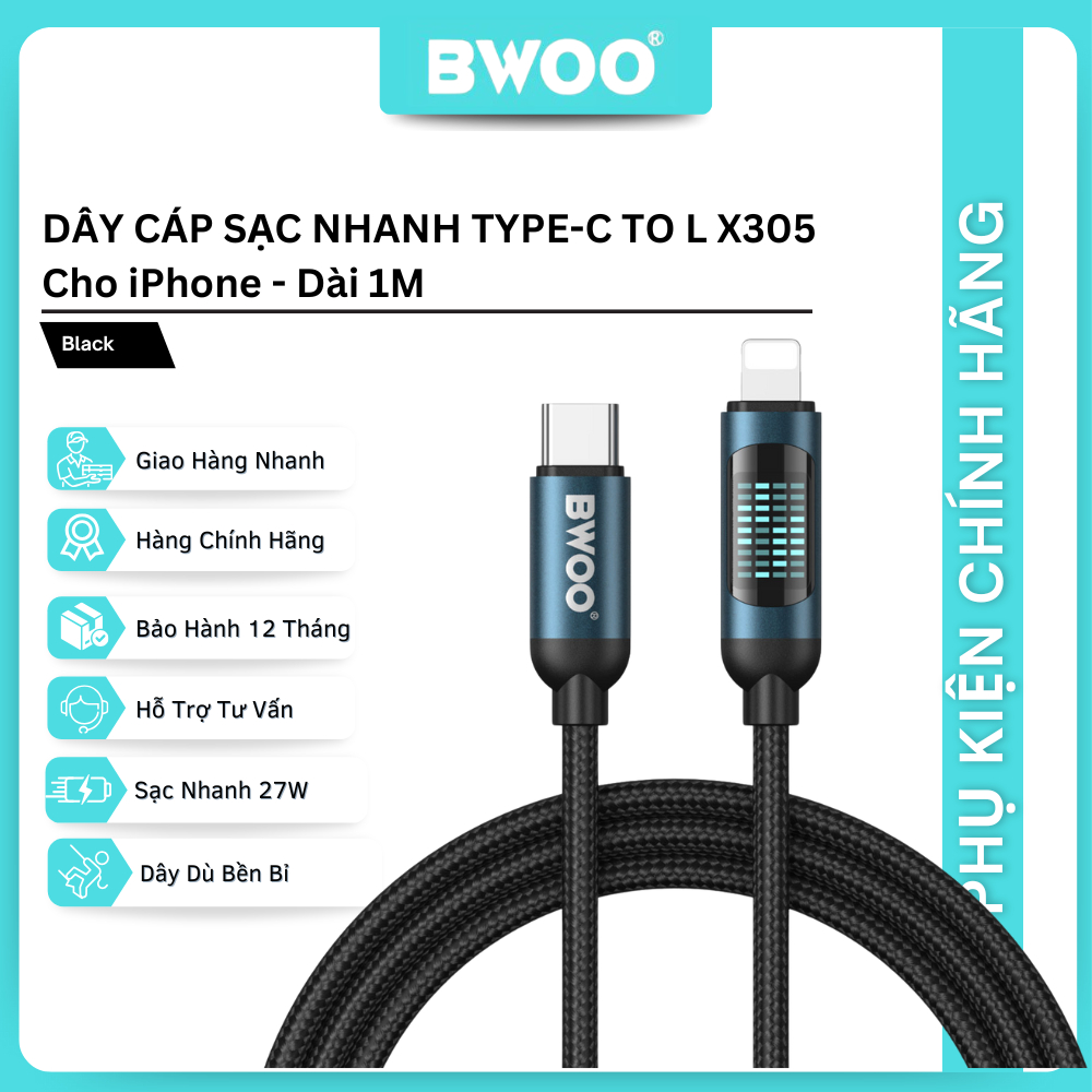 Dây cáp sạc nhanh Bwoo Type-C to Li cho iPhone PD27W & Type-C to C PD60W | Dài 1M | Bện Dù
