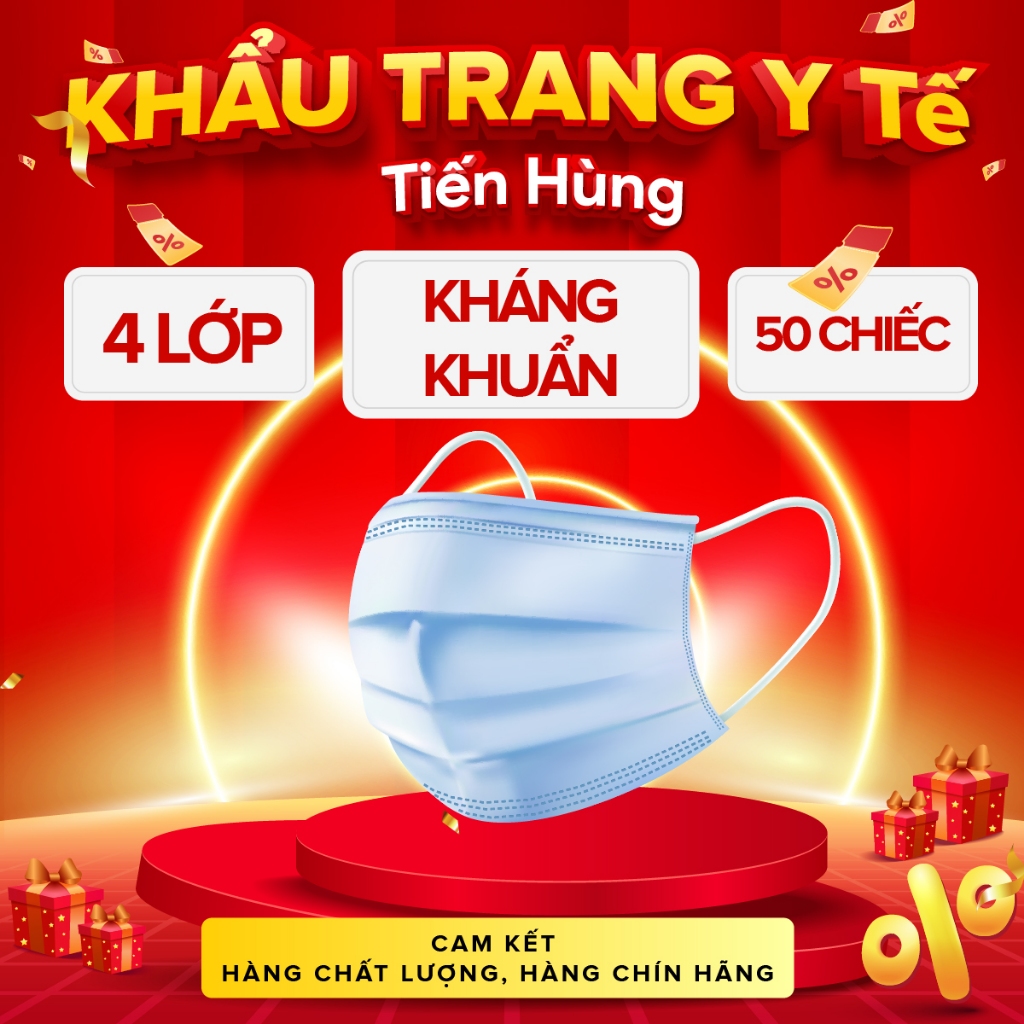 (1 Thùng 50 cái) Khẩu Trang Y Tế Tiến Hùng - Khẩu Trang 4 Lớp Kháng Khuẩn