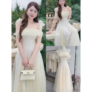 Đầm thời trang nữ chuẩn vải xịn chất Ren phối tơ cực mềm mịn áo trễ vai cúp ngực dính hoa 2 vai họa tiết in xinh xắn