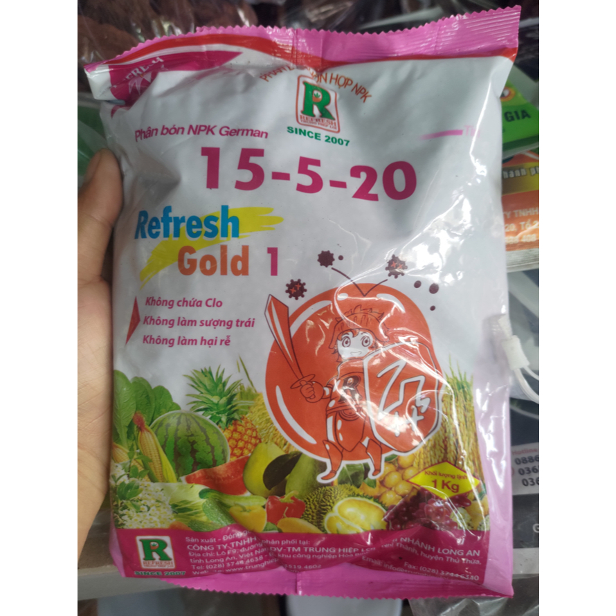 Phân bón NPK 15-5-20 - NPK phức hợp Refresh Gold 1 - Ra hoa nhiều Tăng đậu trái Ít sâu bệnh - 1 Kg