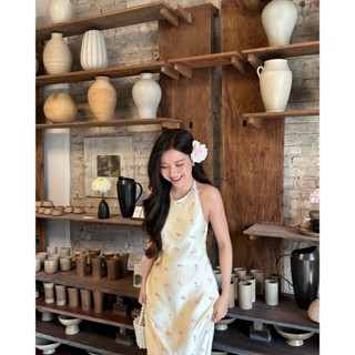 Đầm lụa cổ yếm, Đầm Lụa Váy lụa hoa nhí cổ yếm cột dây siêu xinh