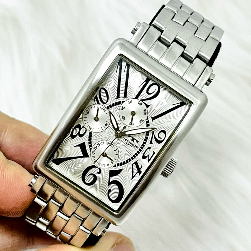 Đồng hồ vuông tank 6 kim nam TECHNOS SWISS mặt trắng - Chính hãng, Nhật Bản [2Hand]