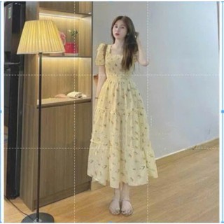 Đầm Dự Tiệc Thời Trang Nữ Chất Mango Hoa Cổ Vuông Tay Ngắn Dáng Váy Dài Xoè Maxi Phong Cách Sang Trọng