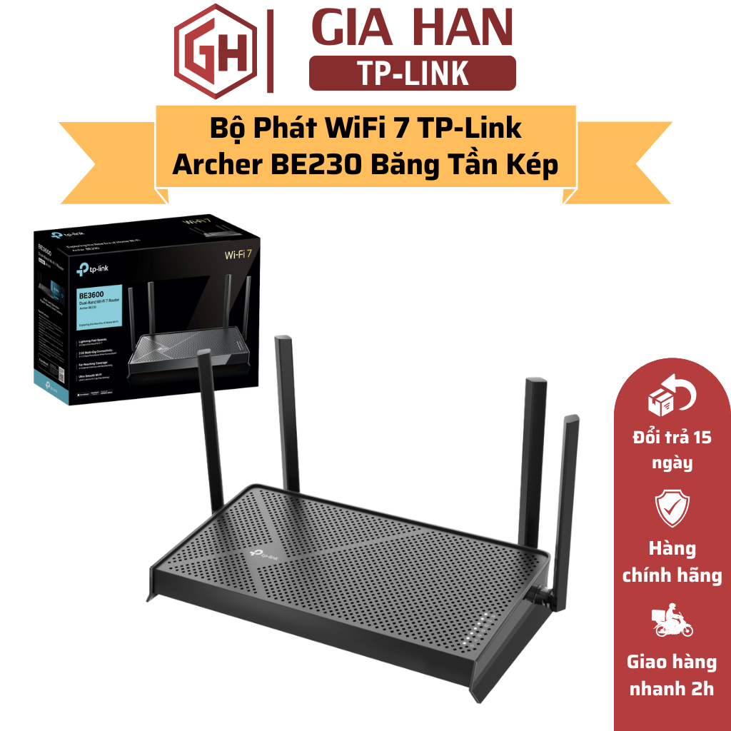 Bộ Phát WiFi 7 TP-Link Archer BE230 Băng Tần Kép Tốc Độ 3.6 Gbps, Tích Hợp Nhiều Công Nghệ Wifi Mới