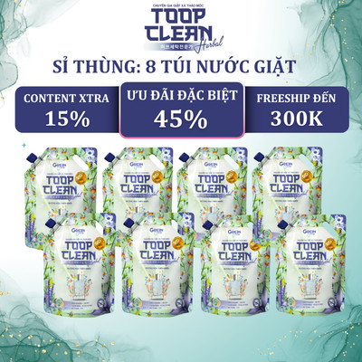 Combo 8 Túi Nước Giặt Thảo Mộc Đậm Đặc TOOP CLEAN Herbal 2,6 Kg/Túi - Hương Hoa Thiên Nhiên/ Quyến Rũ