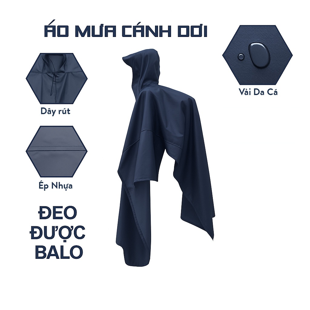 Áo Mưa Cánh Dơi Xẻ Tà Vải Dù Da Cá, Áo Mưa Choàng Dày Dặn Không Thấm Nước