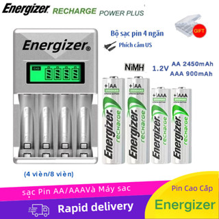 Energizer 4 viên Pin sạc Ni-Mh 1.2V AA 2450mah  kèm bộ sạc thông minh 4 khe màn hình LCD, phích cắm Mỹ
