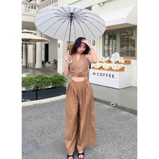 SET ÁO CỔ YẾM NÂU CROPTOP HỞ LƯNG ĐẮP CHÉO NGỰC + QUẦN NÂU ỐNG RỘNG XẾP LY SUÔNG DÀI (TH)