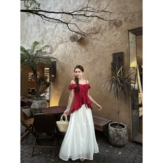 Set áo cổ V  họa tiết nơ viền bèo thắt nơ kèm chân váy dài Ảnh thật/sẵn