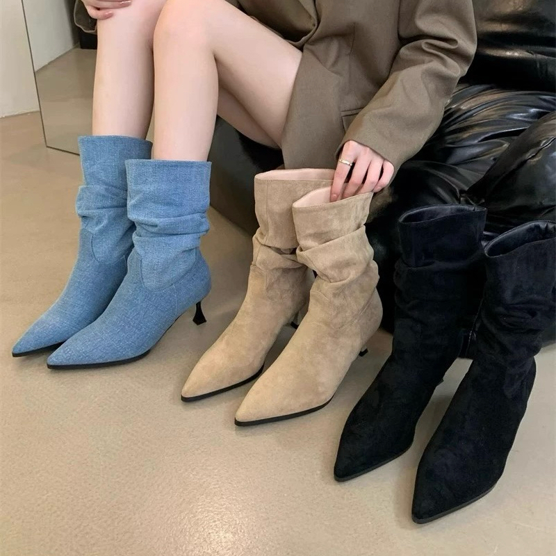 Boots nữ da lộn cổ ngắn mũi nhọn đế cao 6cm không khoá