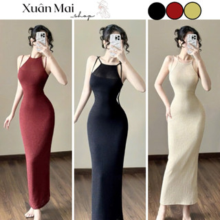   FREESHIP  Đầm ôm body gân cổ yếm cột dây có mút ngực sẵn hở lưng xẻ đùi có 4 màu gợi cảm 
