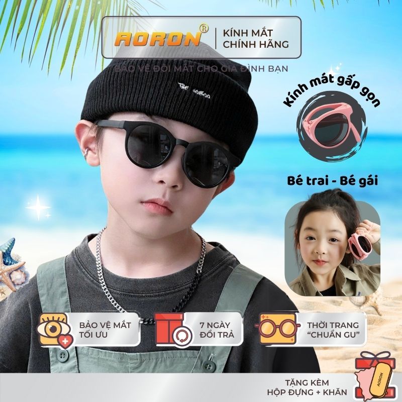 Kính Gấp Gọn Phân Cực Mắt Tròn Aoron Cho Bé Thời Trang Bảo Vệ Mắt Chống Tia Cực Tím Chống Bụi Kèm Hộp Tiện Lợi AK141