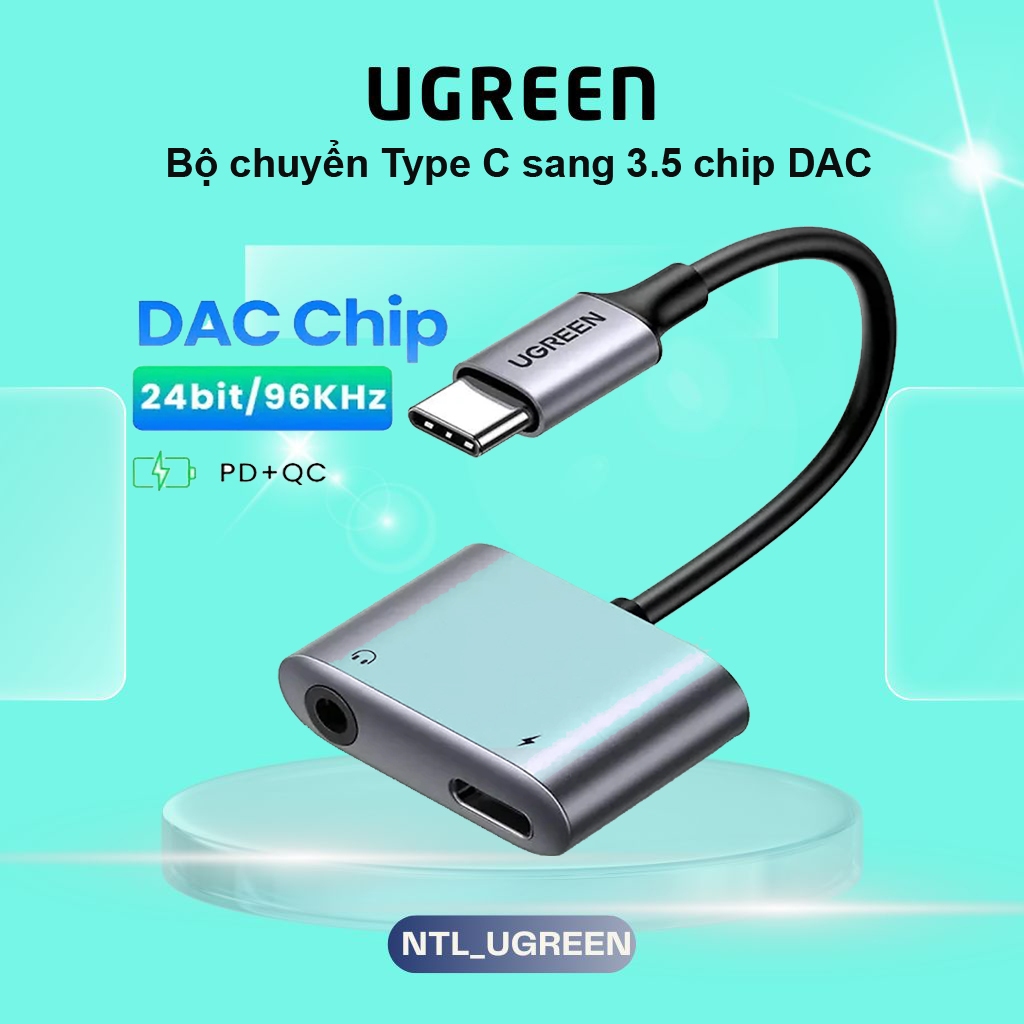 Bộ chuyển đổi USB C to 3.5mm Ugreen Chính Hãng Chip DAC + sạc PD 30W USB C