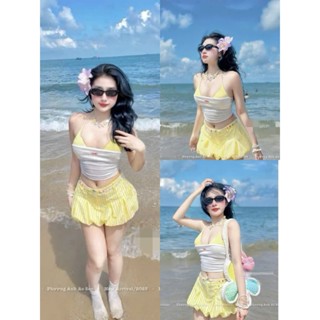 Sét váy mặc đi biển sexy áo bra 2 dây phối áo ống thêu nơ hở eo mix chân váy caro sọc phồng bí gợi cảm